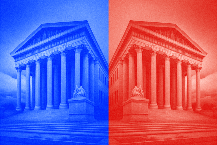 a photo illustration representing the deep partisan divide on the U.S. Supreme Court, with a blue version of the court building upside down (left) and a red version right-side up.