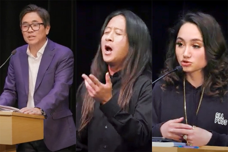 three photos of people performing and reading poetry on a dark stage