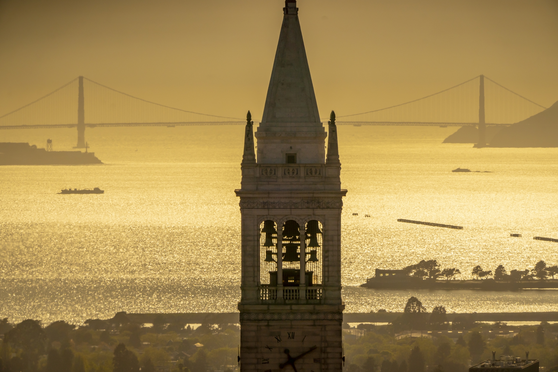 A view of San Francisco Bay from the Berkeley hills. The top of the Campanile is front and center, with shimmering water and the Golden Gate Bridge beyond. The entire photo is cast in a golden light.