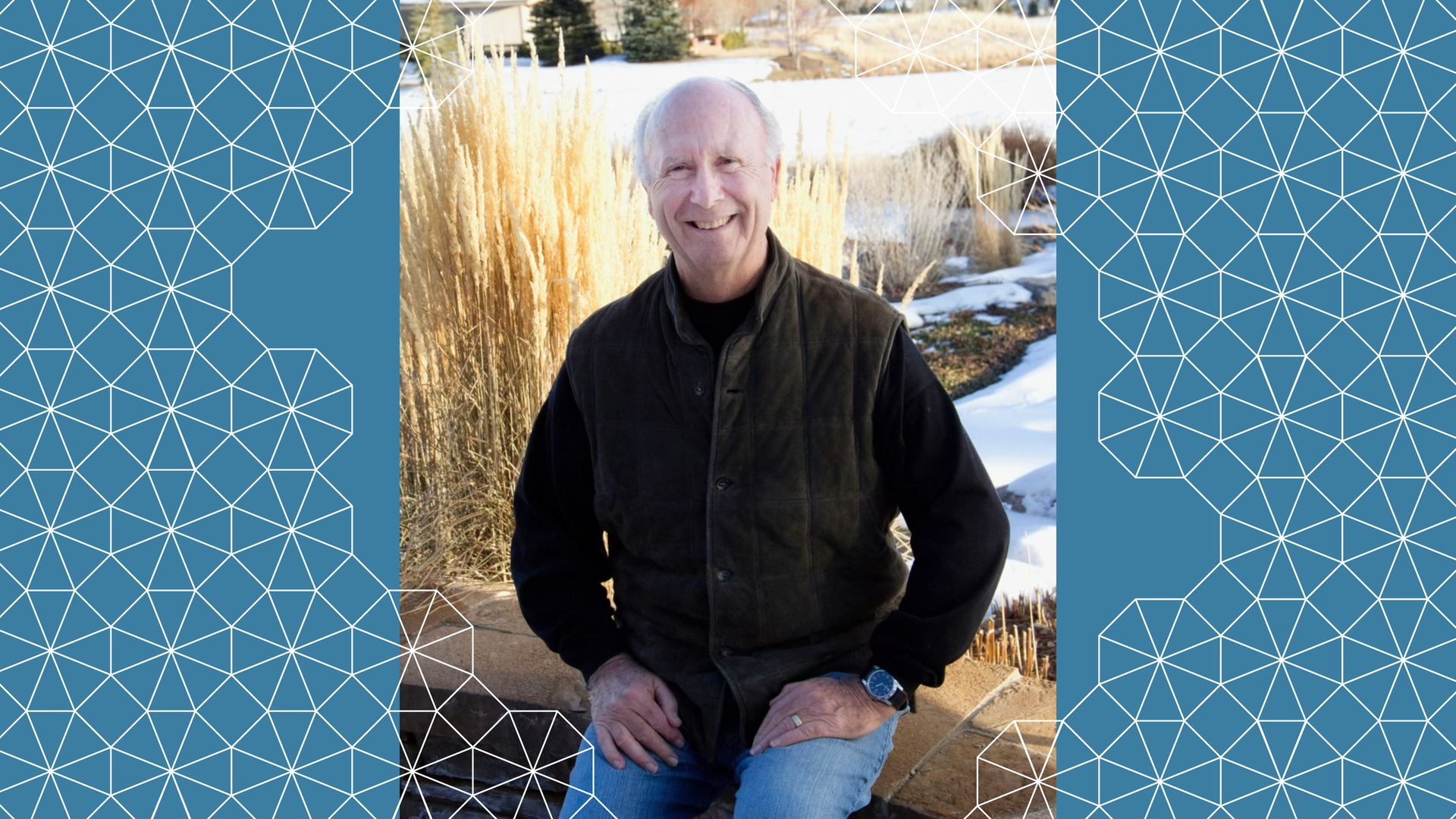 An informal portrait with tessellation of former UC President David Pierpont Gardner sitting outside, with tall dry grass and a snowy field in the background